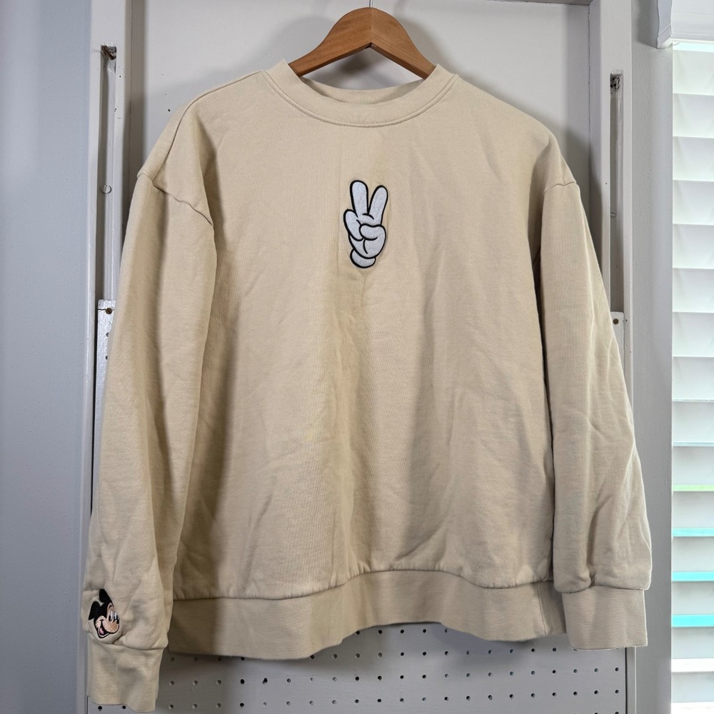 Disney Mickey Mouse Sweatshirt Adult Beige Peace Sign Embroidered - Large